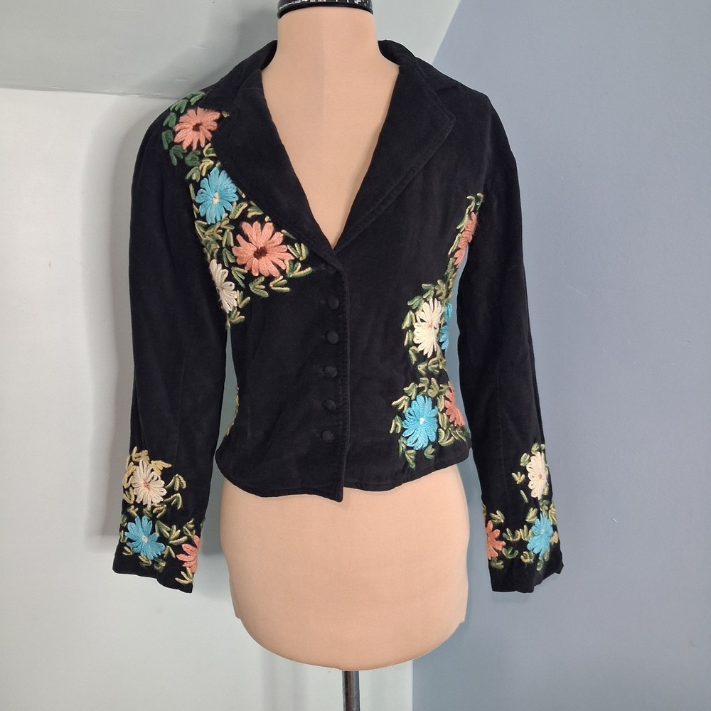 Persaman Velvet Embroidered Blazer Black Floral Boho Chic Womens 4 Runs Small